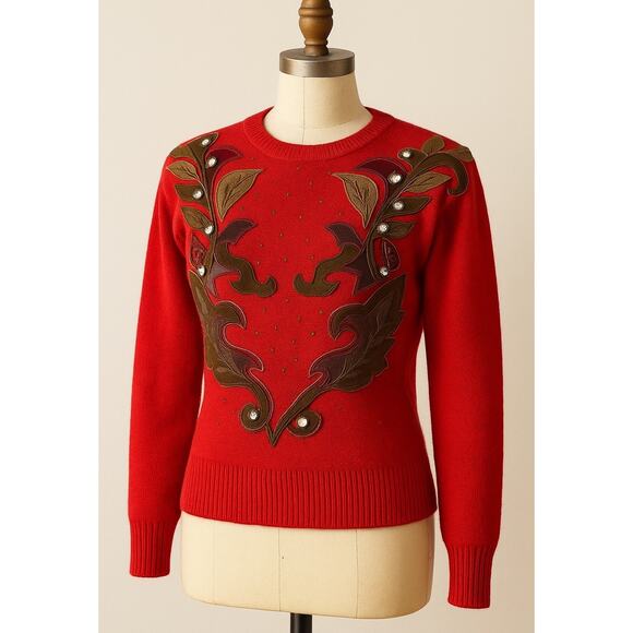 Giancarlo Ferranti Red Silk Angora Sweater Leather Applique Gems Vtg Women M - Picture 1 of 10